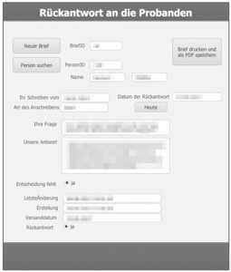 Screenshot des Datenbanklayouts zur Erstellung der personalisierten Rückantwort auf Nachfragen der Probanden